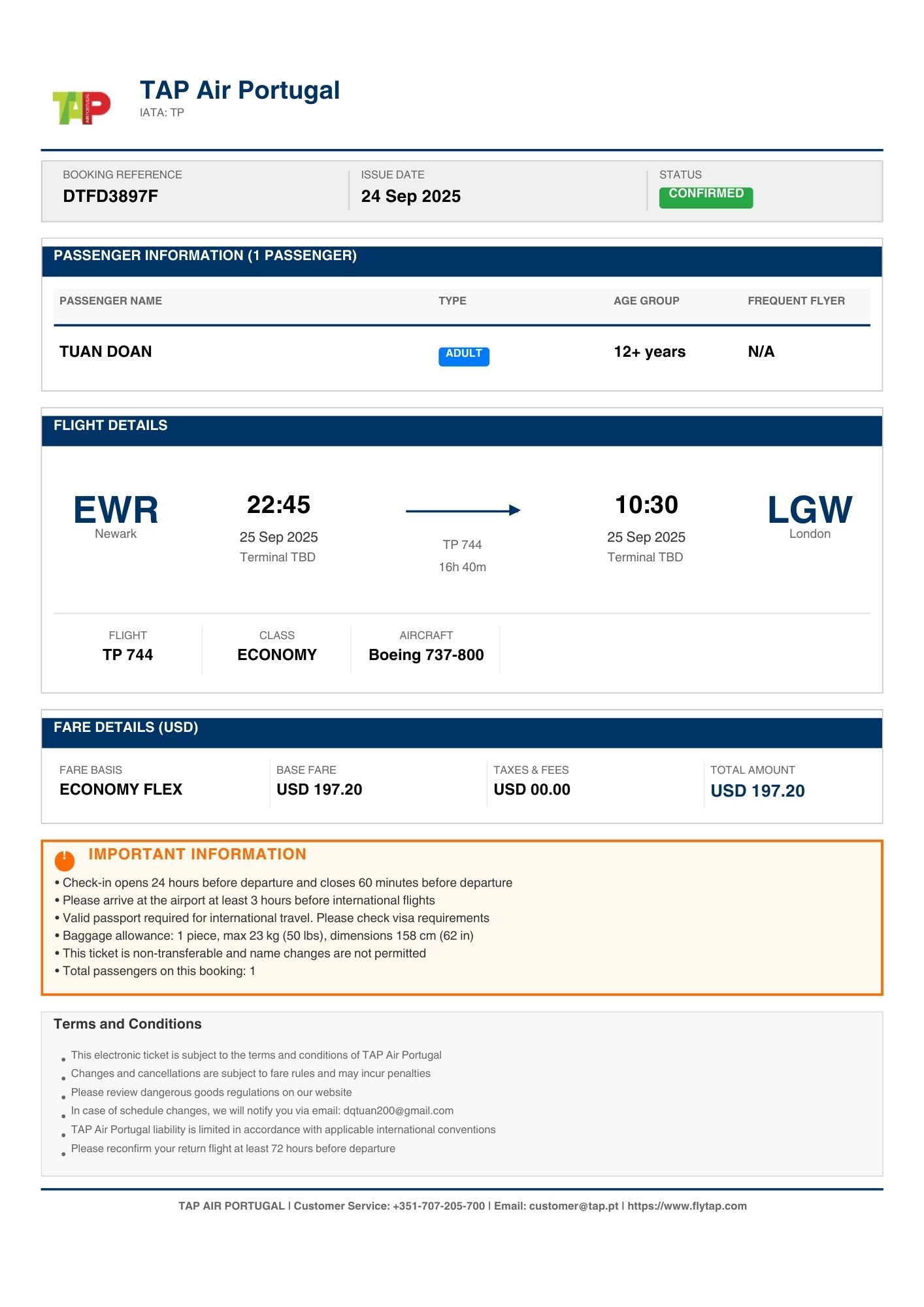 Sample dummy ticket showing a realistic dummy ticket itinerary with flight details, passenger information, and booking reference - professional dummy ticket service